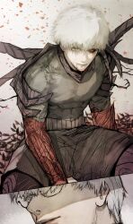 Rule 34 | 2boys, arima kishou, black sclera, black shirt, black shorts, blood, blood on face, colored sclera, falling petals, floating, flower, glasses, grey eyes, heterochromia, highres, kagune (tokyo ghoul), kaneki ken, leaf, light smile, looking at another, looking at viewer, male focus, mismatched sclera, multiple boys, one eye covered, partially shaded face, petals, red eyes, shadow, shirt, short hair, shorts, stfr (stfr kaz), tokyo ghoul, tokyo ghoul:re, white background, white hair