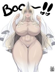 1girl absurdres bandaid bandaid_on_pussy bandaids_on_nipples blonde_hair breasts commentary dark-skinned_female dark_skin english_commentary ghost_costume halloween_costume highres horns huge_breasts long_hair monster_girl monster_musume_no_iru_nichijou ogre open_mouth pasties see-through_clothes sheet_ghost single_horn solo tionishia very_long_hair virusotaku