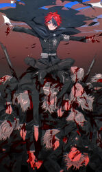 6+boys absurdres ahoge aotsuki_eito armband belt belt_pouch black_streaks blood blood_in_hair blood_on_clothes blood_on_face blood_on_hands blue_eyes brown_background cape clone commentary crossed_legs english_commentary floating_cape gakuran geta gradient_background grey_hair grin highres jacket kilo782524 last_defense_academy_school_uniform looking_at_viewer male_focus multicolored_hair multiple_boys no_eyes outstretched_arms outstretched_hand pile_of_corpses pouch red_hair school_uniform short_hair sitting smile spoilers spread_arms streaked_hair sumino_takumi the_hundred_line_-last_defense_academy- white_armband white_belt white_jacket