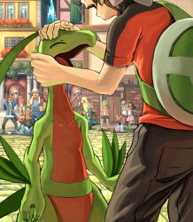 4girls 5boys ace_trainer_(female)_(pokemon_oras) angry black_hair blue_overalls brendan_(pokemon) brown_hair calem_(pokemon) cynthia_(pokemon) food frogadier gen_1_pokemon gen_3_pokemon gen_4_pokemon gen_6_pokemon grovyle gyarados hat head_out_of_frame ice_cream jacket karamimame lucario multiple_boys multiple_girls nidoran nidoran_(female) nidoran_(male) nintendo nostrils open_mouth orange_jacket outdoors overalls petting pokemon pokemon_(creature) pokemon_battle pokemon_breeder_(pokemon) pokemon_dppt pokemon_oras pokemon_xy red_shirt shirt white_hat young_couple_(pokemon)