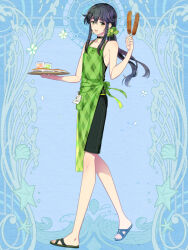 1boy :d androgynous apron argyle_apron argyle_clothes bare_arms bare_shoulders black_choker black_hair black_shorts blue_background blue_sandals choker clover_choker clover_earrings cup dairoku_ryouhei drink drinking_glass food full_body green_apron green_eyes green_scrunchie green_tank_top hair_between_eyes hair_ornament hair_scrunchie holding holding_food holding_skewer holding_tray kisaragi_yuna l_(matador) long_hair looking_at_viewer low_ponytail male_focus mole mole_under_mouth note open_mouth pendant_choker ponytail sandals sausage scrunchie shorts sidelocks skewer smile solo standing tank_top tareme thick_eyebrows tray yakisoba