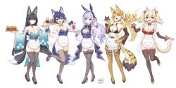 5girls ahoge animal_ear_fluff animal_ears apron bare_shoulders belle_(zenless_zone_zero) bikini black_bikini black_hair black_pantyhose black_shoes black_sleeves black_thighhighs blonde_hair blue_hair body_fur bow bowtie breasts burnice_white butter_spoon cat cat_ears cat_girl cat_tail choker cleavage detached_sleeves elbow_gloves fake_animal_ears fox_ears fox_girl fox_tail frilled_choker frills full_body furry furry_female gloves green_eyes hair_bow hair_ornament halterneck hand_on_own_hip high_heels highres holding holding_plate hoshimi_miyabi lace-up_sleeves large_breasts letter_hair_ornament long_hair looking_at_viewer maid_apron multiple_girls open_mouth orange_bow orange_bowtie pantyhose parted_bangs plate ponytail pulchra_fellini purple_hair rabbit_ears red_bikini red_bow red_bowtie red_eyes see-through_clothes see-through_thighhighs shoes short_hair smile solo standing standing_on_one_leg swimsuit tail thighhighs twintails vivian_banshee white_apron white_bow white_choker wide_sleeves yellow_fur zenless_zone_zero zettai_ryouiki