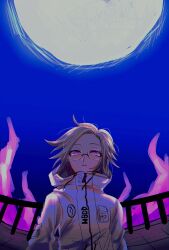 1boy aotsuki_eito breast_pocket fire fisheye full_moon glasses grey_hair highres jacket kawati looking_at_viewer male_focus moon night night_sky pocket purple_eyes purple_fire short_hair sky solo the_hundred_line_-last_defense_academy-