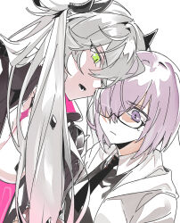 2girls agata720 black-framed_eyewear black_dress black_horns black_necktie closed_mouth demon_girl demon_horns dress fate/grand_order fate_(series) glasses green_eyes grey_hair grey_jacket hair_over_one_eye horns jacket lilith_(fate) long_hair looking_at_another mash_kyrielight multicolored_jacket multiple_girls necktie one_eye_covered open_clothes open_jacket open_mouth purple_eyes purple_hair short_hair simple_background twintails two-tone_jacket very_long_hair white_background white_jacket