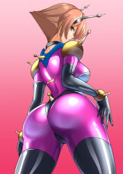 Rule 34 | 1girl, alternate costume, ass, black gloves, black thighhighs, bodysuit, breasts, brown hair, cameltoe, cosplay, elbow gloves, flipped hair, from behind, g gundam, gloves, gradient background, green eyes, gundam, headgear, highres, kantai collection, mecha pilot suit, medium breasts, mobile trace suit, mutsu (kancolle), radio antenna, rain mikamura, rain mikamura (cosplay), red background, short hair, skin tight, solo, thighhighs, wata nuki
