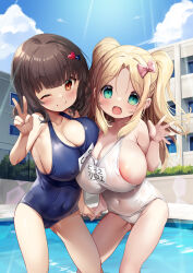 2girls areola_slip bare_shoulders blonde_hair blunt_bangs blush bow breasts brown_hair cleavage closed_mouth covered_erect_nipples day green_eyes hair_bow holding_hands huge_breasts large_breasts long_hair looking_at_viewer multiple_girls one-piece_swimsuit one_eye_closed open_mouth oppai_loli original outdoors pink_bow red_eyes school_swimsuit sideboob smile sorimura_youji standing swimsuit twintails v white_one-piece_swimsuit