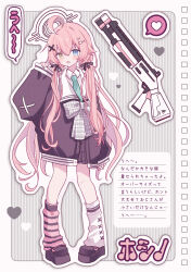 1girl ahoge asymmetrical_legwear beretta_1301 black_bow black_jacket black_shoes black_skirt blue_archive blue_eyes bow brown_eyes comiket_103 green_necktie hair_between_eyes hair_bow hair_ornament hair_over_shoulder hairclip halo heart heart_hair_ornament heterochromia highres hoshino_(blue_archive) jacket kurun_(kurun777) long_hair long_sleeves loose_socks low_twintails mismatched_legwear necktie open_clothes open_jacket outline pigeon-toed pinching_sleeves pink_hair pleated_skirt puffy_long_sleeves puffy_sleeves shirt shoes skirt sleeves_past_wrists socks solo spoken_heart striped_background striped_clothes striped_socks translation_request twintails vertical_stripes very_long_hair white_bow white_outline white_shirt white_socks x_hair_ornament