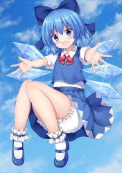1girl :d absurdres ankle_garter bloomers blue_bow blue_dress blue_eyes blue_hair blue_shoes blue_skirt blue_sky blue_vest blush bobby_socks bow bowtie buttons cirno collared_shirt commentary_request dot_nose dress eyelashes flat_chest floating footwear_ornament full_body hair_bow happy highres ice looking_at_viewer mary_janes open_mouth outstretched_arm puffy_short_sleeves puffy_sleeves red_bow red_bowtie shiny_skin shirt shoes short_hair short_sleeves skirt sky smile snowflake_ornament socks solo suigetsu_(watermoon-910) thighs tongue touhou underwear vest white_shirt white_socks wing_collar