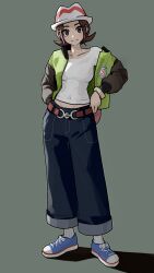 1girl belt blue_shoes bracelet brown_belt brown_eyes brown_hair closed_mouth collarbone commentary dohafore_(kegv8542) full_body green_jacket grey_background hand_on_own_hip harmony_(pokemon) hat highres jacket jewelry looking_at_viewer mega_ring mega_stone nintendo open_clothes open_jacket pants pokemon pokemon_legends:_z-a procreate_(medium) ribbed_socks shirt shoes smile sneakers socks solo split_mouth standing twintails white_hat white_shirt white_socks
