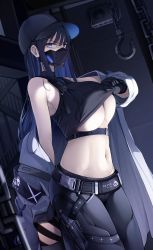1girl absurdres armband bare_shoulders baseball_cap belt black_belt black_gloves black_hair black_hat black_pants black_shirt blue_archive blue_eyes breasts buckle chain chest_harness clothes_lift coat crop_top ddangbi gloves harness hat highres holster hook knife_sheath large_breasts long_hair looking_at_viewer mask midriff mouth_mask navel off_shoulder pants saori_(blue_archive) sheath shirt shirt_lift sleeveless sleeveless_shirt snap-fit_buckle solo thigh_holster underboob underbust white_coat