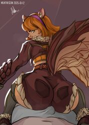 1boy 1girl animal_ears ass brown_shorts brown_tail bulge freckles green_eyes grey_male_underwear grey_thighhighs hairband highres looking_at_viewer looking_back male_underwear marvel marvel_rivals muhthecow orange_hair shorts sitting sitting_on_person squirrel_ears squirrel_girl squirrel_girl_(marvel) squirrel_tail tail thighhighs underwear