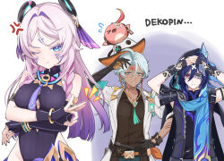 1girl 2boys ;t bare_shoulders bird black_leotard black_shirt blue_eyes blue_hair blue_scarf breasts cacucu citlali_(genshin_impact) coat colored_eyelashes dark_skin facial_mark forehead_mark genshin_impact hair_intakes hat heterochromia highres ifa_(genshin_impact) leotard looking_at_viewer medium_breasts multiple_boys open_clothes open_coat ororon_(genshin_impact) pink_hair pink_pupils purple_eyes ring_hair_ornament scarf shirt ura_(hamburg_oniku) v-shaped_eyebrows white_background white_coat white_hat