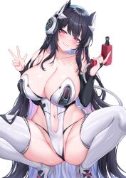 1girl absurdres azur_lane bare_shoulders black_hair blush breasts bridal_gauntlets cleavage clothing_cutout collarbone colored_inner_hair deogho_(liujinzy9854) feet_out_of_frame head_tilt headphones highleg highleg_leotard highres holding_power_drill holding_tool impossible_clothes impossible_leotard large_breasts leotard long_hair looking_at_viewer multicolored_hair navel_cutout panties_under_leotard purple_eyes purple_hair race_queen simple_background smile solo squatting strasbourg_(azur_lane) strasbourg_(faerie_of_the_race_circuit)_(azur_lane) thick_thighs thighhighs thighs very_long_hair w white_background white_thighhighs