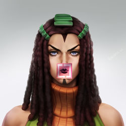 1girl artist_name black_hair blue_eyes dreadlocks ermes_costello jojo_no_kimyou_na_bouken looking_at_viewer rakavka short_hair solo stone_ocean turtleneck white_background
