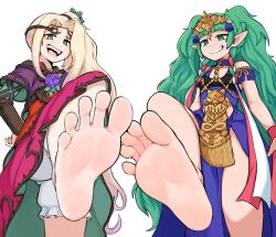 2girls asymmetrical_hair bare_legs bare_shoulders barefoot blonde_hair blunt_bangs braid dress feet fire_emblem fire_emblem:_three_houses flower foot_focus foot_out_of_frame frilled_shorts frills gold_trim green_eyes green_hair hair_ornament hand_on_own_hip highres kid_icarus kid_icarus_uprising long_hair looking_at_viewer multiple_girls nintendo pelvic_curtain pointy_ears purple_flower short_sleeves shorts shorts_under_skirt simple_background smile smug softhanten soles sothis_(fire_emblem) spread_toes standing standing_on_one_leg stepping tassel teeth thighs tiara toes twintails upper_teeth_only very_long_hair viridi white_background white_shorts