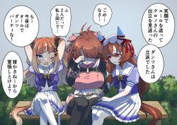 3girls animal_ears arms_behind_head bench blue_eyes breasts brown_hair bush commentary_request crying dantsu_flame_(umamusume) espoir_city_(umamusume) gloom_(expression) hair_ornament head_down highres horse_ears horse_girl large_breasts long_hair midriff multiple_girls narumi_yuzurai navel one_eye_closed open_mouth pantyhose red_eyes sad school_uniform shaded_face simple_background sitting small_breasts still_in_love_(umamusume) thighhighs tracen_school_uniform translation_request umamusume veil