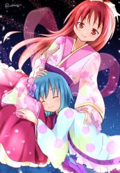 2girls alternate_costume blue_eyes blue_hair bow dutch_angle hair_bow hair_ornament lap_pillow long_hair mahou_shoujo_madoka_magica miki_sayaka multiple_girls oddecco ponytail red_eyes red_hair sakura_kyoko short_hair smile yuri
