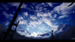 amatsuki_rei artist_name bird blue_sky blue_theme cloud cloudy_sky day fantasy highres horizon letterboxed no_humans original outdoors scenery signature silhouette sky tree
