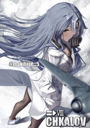 1girl absurdres azur_lane black_gloves black_pantyhose black_shirt blush character_name chkalov_(azur_lane) coat collared_shirt commentary_request from_above gloves grey_hair hand_in_pocket high_heels highres long_hair looking_at_viewer looking_up makihige mole mole_under_eye pantyhose parted_lips shirt shoes skirt solo twitter_username watermark white_coat white_shoes white_skirt world_of_warships yellow_eyes