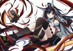 Rule 34 | 1girl, absurdres, animal ears, arknights, black gloves, black hair, black shorts, blaze (arknights), blaze the igniting spark (arknights), blue eyes, breasts, cat ears, cat girl, cleavage, closed mouth, earrings, elbow gloves, full body, gloves, high ponytail, highres, jewelry, kneehighs, long hair, looking at viewer, one eye closed, ponytail, shirt, shorts, single elbow glove, single kneehigh, single sock, smile, socks, solo, tassel, tassel earrings, white shirt, xuetu (user tfgn7453)