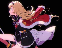 1girl arms_at_sides belt belt_buckle black_background black_boots black_eyes black_hairband black_jacket black_skirt blonde_hair boots buckle chromatic_aberration closed_mouth cowboy_shot floating_hair from_side fur-trimmed_jacket fur_trim hairband high_collar highres holding holding_sword holding_weapon jacket jacket_on_shoulders long_hair long_sleeves looking_ahead miniskirt on_one_knee pochi_(askas_is_god) profile red_jacket red_sash saijou_claudine sash shoujo_kageki_revue_starlight shoulder_sash simple_background skirt solo sword tassel v-shaped_eyebrows waist_cape wavy_hair weapon yellow_belt