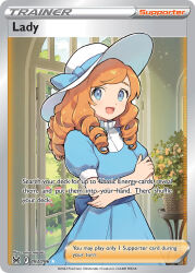 1girl artist_name blue_dress blue_eyes blue_sky bush card_(medium) character_name cloud company_name copyright_name copyright_notice creatures_(company) crossed_arms dress drill_hair english_text eyelashes game_freak hat indoors lady_(pokemon) long_hair nintendo official_art open_mouth orange_hair plant pokemon pokemon_card pokemon_frlg pokemon_tcg potted_plant saino_misaki short_sleeves sky smile solo table third-party_source trading_card white_hat window