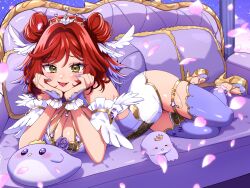 1girl absurdres blush breasts cleavage colored_tips commission couch double_bun elle_(vtuber) falling_petals gold_shoes green_eyes hair_bun hands_on_own_hips head_wings heart heart-shaped_gem heart_in_eye high_heels highres ichiko_1234 indie_virtual_youtuber lips multicolored_hair on_couch open_mouth petals pillow purple_hair purple_nails red_hair red_lips shoes solo symbol_in_eye tiara tongue vgen_commission virtual_youtuber wings zzz