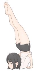 1girl 1ssakawaguchi absurdres barefoot black_eyes black_hair dolphin_shorts flexible full_body highres ichika_(1ssakawaguchi) kneepits legs_up midriff original shirt short_hair short_shorts short_sleeves shorts simple_background soles top-down_bottom-up white_background white_shirt yoga
