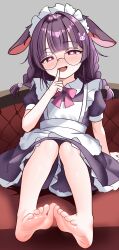 1girl absurdres animal_ears apron barefoot blush braid breasts commentary_request cunvaroy dress fallenshadow heart heart-shaped_pupils highres indie_virtual_youtuber looking_at_viewer maid maid_apron maid_headdress medium_hair open_mouth purple_dress purple_eyes purple_hair rabbit_ears rabbit_girl small_breasts smile solo symbol-shaped_pupils twin_braids virtual_youtuber white_apron white_headdress