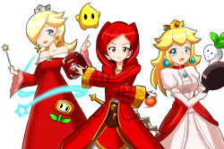 3girls alternate_color book crown dress female_robin_(fire_emblem) fire fire_emblem fire_emblem_awakening fire_flower fireball frying_pan hood luma_(mario) mario_(series) multiple_girls nintendo power-up princess_peach red_theme rosalina super_mario_bros._1 super_mario_galaxy super_smash_bros. sword turnip wand weapon