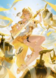 1girl aglaea_(honkai:_star_rail) ancient_greek_clothes blonde_hair blue_sky breast_tattoo breasts commentary dress garmentmaker_(honkai:_star_rail) greco-roman_clothes green_eyes high_heel_sandals highres honkai:_star_rail honkai_(series) laurel_crown mannequin parted_lips sandals short_hair sky solo tattoo thigh_strap thread toes white_dress xiisalt yellow_nails