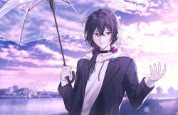 1boy absurdres black_choker black_hair black_jacket blurry choker cityscape commentary_request commission depth_of_field hair_between_eyes hands_up highres holding holding_umbrella hood hoodie jacket kumo_tabetai long_hair long_sleeves looking_at_viewer low-tied_long_hair open_clothes open_jacket original outdoors parted_lips rain red_eyes skeb_commission solo teeth transparent transparent_umbrella umbrella upper_body white_hoodie