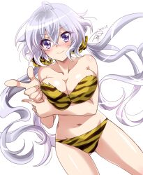 1girl ahoge animal_costume animal_print blush breasts cleavage hair_between_eyes hair_ornament kanna_(plum) large_breasts long_hair looking_at_viewer low_twintails purple_eyes senki_zesshou_symphogear simple_background solo tiger_costume tiger_print tiger_stripes twintails white_background yukine_chris