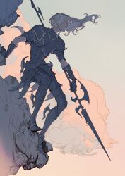 1boy absurdres arm_support armor armored_legwear black_armor breastplate closed_mouth cloud commentary covered_eyes cuisses elezen elf english_commentary escente estinien_varlineau film_grain final_fantasy final_fantasy_xiv floating_hair gauntlets highres holding holding_polearm holding_weapon long_hair male_focus ornate_weapon outstretched_arm pauldrons pointy_ears polearm profile shoulder_armor sky solo spiked_armor weapon white_hair