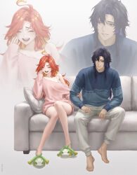 1boy 1girl absurdres ahoge artist_name black_hair blonde_hair blue_eyes blue_hair blue_sweater blush capitano_(genshin_impact) closed_eyes commentary_request couch couple dress full_body genshin_impact hand_on_another&#039;s_arm happy happy_tears hetero highres jewelry kuri_kuriku laughing long_hair long_sleeves looking_at_another mavuika_(genshin_impact) multicolored_hair on_couch open_mouth pants pillow pink_sweater red_hair ring sidelocks single_off_shoulder slippers smile sweater sweater_dress tears teeth twitter_username two-tone_hair wedding_ring white_pants