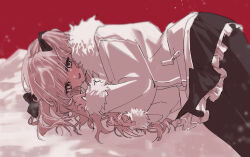 1girl a4f9gybaah5219 ada_(iyowa) adipocere_(vocaloid) black_pantyhose black_ribbon black_skirt blush crying crying_with_eyes_open feet_out_of_frame fur-trimmed_jacket fur_trim hair_ribbon highres iyowa_girls jacket long_hair long_sleeves looking_at_viewer lying miniskirt nose_blush on_side open_mouth pantyhose pink_hair red_background ribbon sad_smile skirt smile snowing solo tears white_eyes white_jacket