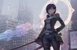 1girl asymmetrical_bangs belt belt_buckle black_belt black_coat black_gloves black_hair black_pants buckle cityscape closed_mouth cloud cloudy_sky coat commentary cowboy_shot denim embers english_commentary expressionless fingerless_gloves fur-trimmed_hood fur_trim gloves grey_eyes hand_on_own_hip headphones headphones_around_neck high_belt highres holding holding_sword holding_weapon hood hood_down hooded_coat jeans kaijuicery katana long_sleeves looking_at_viewer open_clothes open_coat original outdoors pants science_fiction short_hair sky snowing solo standing sweater sword weapon white_sweater