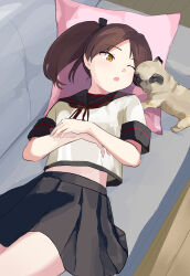 1girl black_ribbon black_sailor_collar black_skirt brown_hair brown_neckerchief commentary_request commission couch cushion dog hair_ribbon highres kantai_collection lying neckerchief on_back one_eye_closed orange_eyes parted_lips pixiv_commission pleated_skirt pug ribbon sailor_collar school_uniform serafuku shikinami_(kancolle) shikinami_kai_ni_(kancolle) short_sleeves skirt solo yuu+