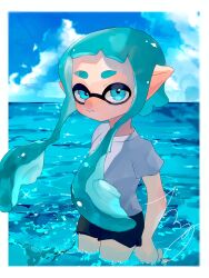 1girl absurdres black_shorts blue_eyes blue_hair blue_sky border closed_mouth gen_cheishi hashtag-only_commentary highres horizon inkling inkling_girl inkling_player_character long_hair looking_at_viewer nintendo outdoors outside_border partially_submerged pointy_ears shorts signature sky smile solo splatoon_(series) splatoon_3 standing tentacle_hair thick_eyebrows water white_border