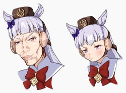 1girl :3 animal_ears blunt_bangs bow bowtie brown_hat commentary cropped_shoulders ear_bow ear_covers gold_ship_(umamusume) grey_hair hat horse_ears horse_girl horse_tail itsuyoitsuyo kazuya_guy_(meme) long_hair looking_at_viewer meme multiple_boys pillbox_hat purple_bow purple_eyes red_bow red_bowtie simple_background tail umamusume v-shaped_eyebrows white_background