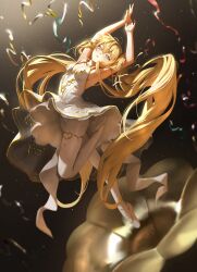 1girl absurdres ballerina ballet ballet_slippers balletcore bangsom blonde_hair blue_eyes blush breasts dress highres leotard leotard_peek long_hair looking_at_viewer nora_(bangsom) open_mouth original pantyhose parted_lips ribbon solo teeth tutu twintails upskirt very_long_hair white_dress white_pantyhose