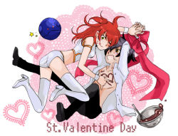 00s 1boy 1girl bad_haro bow chocolate freckles gundam gundam_00 haro heart midriff nena_trinity one_eye_closed red_hair setsuna_f._seiei shorts thighhighs tongue valentine bad_tag wink yellow_eyes