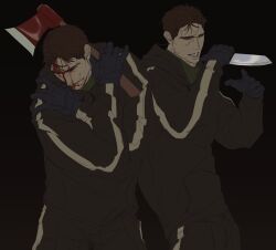 Rule 34 | 2boys, afraid of monsters, arms up, axe, black background, black gloves, black hoodie, blood, blood from forehead, blood on face, blood on mouth, brown hair, closed eyes, david leatherhoff, dual persona, facial hair, fighting stance, fire axe, gloves, goatee stubble, highres, holding, holding axe, holding knife, hood, hoodie, ju-san, knife, male focus, multiple boys, open mouth, over shoulder, print hoodie, scar, scar on face, short hair, stubble, the addiction (afraid of monsters), weapon, weapon over shoulder