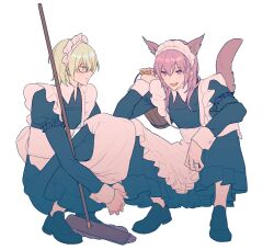 2boys alternate_costume animal_ears apron arm_up bespectacled bishounen black-framed_eyewear black_footwear bucket male_byleth_(enlightened)_(fire_emblem) male_byleth_(fire_emblem) closed_mouth commentary_request crossdressing elbow_on_knee enmaided eye_contact fire_emblem fire_emblem:_three_houses frilled_apron frills glasses green_eyes green_hair hair_between_eyes highres holding holding_bucket holding_mop hugging_own_legs iwasinogomaae juliet_sleeves kemonomimi_mode long_hair long_sleeves looking_at_another maid maid_apron maid_headdress male_focus male_maid mop multiple_boys nintendo open_mouth puffy_sleeves purple_eyes purple_hair short_hair simple_background sleeve_cuffs tail white_apron white_background yuri_leclerc