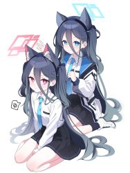 2girls absurdres animal_ear_fluff animal_ears aqua_halo aris_(blue_archive) black_hair black_hairband black_skirt black_socks blue_archive blue_eyes blue_necktie cat_ears dual_persona fake_animal_ears hair_between_eyes hairband halo highres jacket kei_(blue_archive) long_hair long_hair_between_eyes long_sleeves looking_at_viewer multiple_girls necktie pleated_skirt poko050498 red_eyes red_halo shirt simple_background sitting skirt smile socks very_long_hair wariza white_background white_shirt