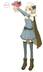 1girl alchemist_(ragnarok_online) blonde_hair blue_dress blue_gloves blue_thighhighs blush boots bow breasts brown_boots brown_cape cape closed_mouth commentary_request creature dress elbow_gloves fingerless_gloves full_body fur_collar garter_straps gloves grey_bow hair_bow holding holding_creature lowres mimi_(caramel-candy) mushroom ragnarok_online short_dress short_hair simple_background small_breasts smile solo spore_(ragnarok_online) standing strapless strapless_dress thighhighs white_background