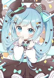 1girl aobahosino aqua_bow aqua_ribbon black_hat black_skirt blue_eyes blue_hair blush bow bow_skirt commentary_request confetti cow hair_bow hair_ornament hat hat_ribbon hatsune_miku heart heart_hair_ornament holding holding_own_hair long_hair long_sleeves mini_hat mini_top_hat puffy_long_sleeves puffy_sleeves ribbon shirt skirt solo top_hat twintails twitter_username vocaloid white_shirt x_hair_ornament