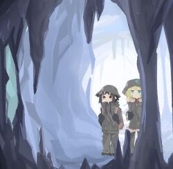 2girls black_hair blonde_hair cave_interior chito_(shoujo_shuumatsu_ryokou) combat_helmet gloves helmet highres jacket long_hair military_uniform multiple_girls naaga_sonomono outdoors shoujo_shuumatsu_ryokou standing yuuri_(shoujo_shuumatsu_ryokou)