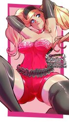1girl absurdres alternate_costume black_gloves black_thighhighs blonde_hair blue_eyes breasts cleavage closed_mouth corset elbow_gloves gloves hat haysey highres large_breasts long_hair looking_at_viewer medium_breasts official_alternate_costume persona persona_5 persona_5:_dancing_star_night persona_dancing red_shirt red_shorts shirt shorts smile solo takamaki_anne thighhighs twintails