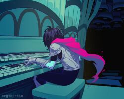 1other armor armored_gloves artist_name bell blue_skin colored_skin commentary crythartic deltarune english_commentary highres instrument kris_(dark_world)_(deltarune) kris_(deltarune) music other_focus pink_scarf pipe_organ playing_instrument scarf short_hair sitting solo